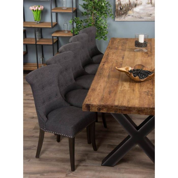 3m Reclaimed Teak Urban Fusion Cross Dining Table with One Backless Bench and 5 Dove Grey Windsor Ring Back Dining Chairs - 4