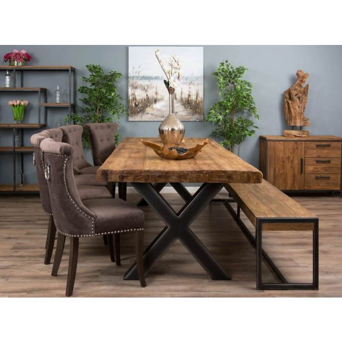 3m Reclaimed Teak Urban Fusion Cross Dining Table with One Backless Bench and 5 Velveteen Ring Back Dining Chairs - 5