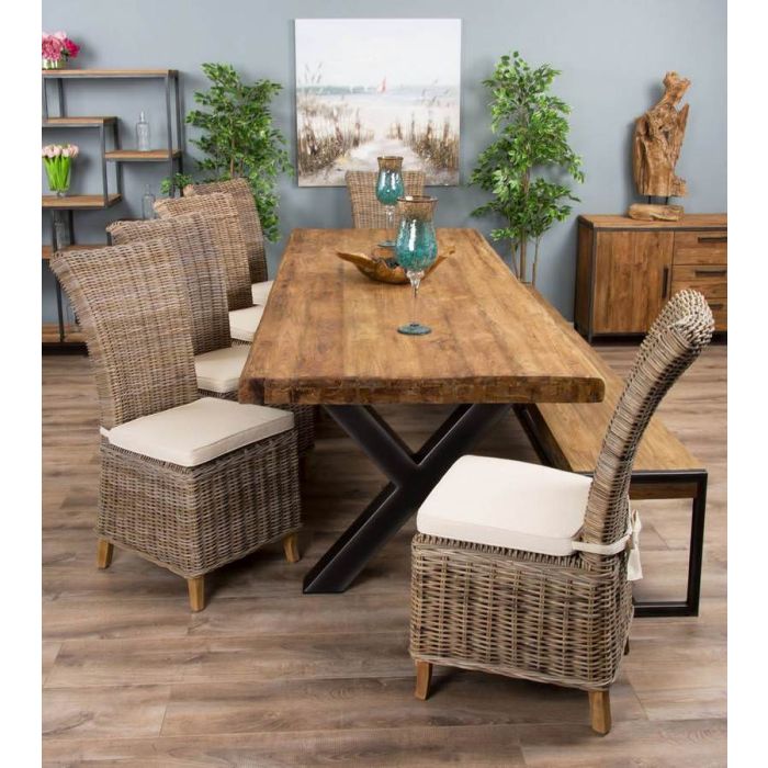 3m Reclaimed Teak Urban Fusion Cross Dining Table with One Backless Bench and 4 Latifa Dining Chairs  - 5