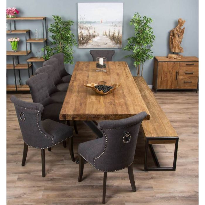 3m Reclaimed Teak Urban Fusion Cross Dining Table with One Backless Bench and 5 Dove Grey Windsor Ring Back Dining Chairs - 6