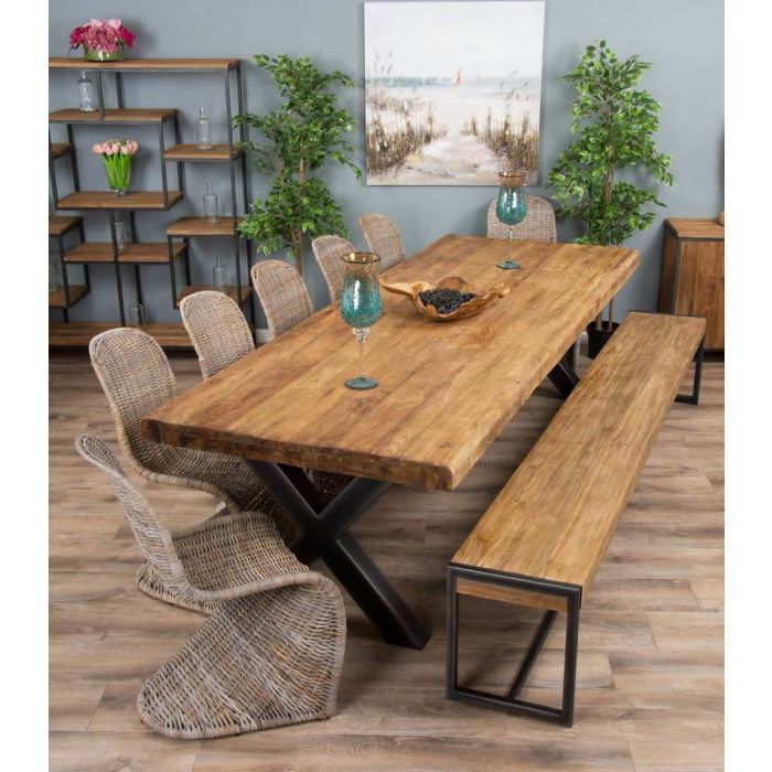 3m Reclaimed Teak Urban Fusion Cross Dining Table with One Backless Bench and 5 Zorro Dining Chairs - 5