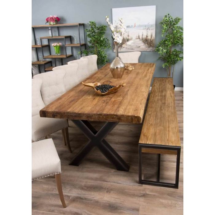 3m Reclaimed Teak Urban Fusion Cross Dining Table with One Backless Bench and 5 Natural Windsor Ring Back Dining Chairs - 6