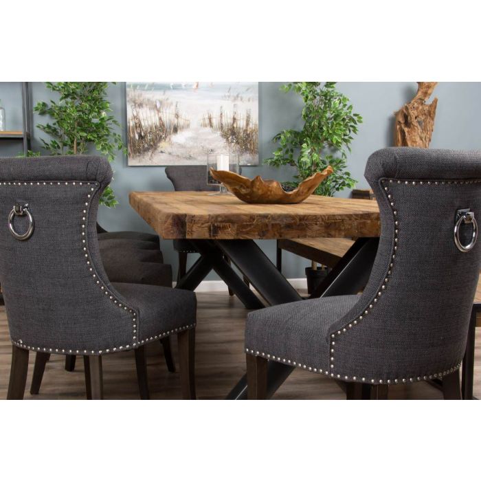 3m Reclaimed Teak Urban Fusion Cross Dining Table with One Backless Bench and 5 Dove Grey Windsor Ring Back Dining Chairs - 9