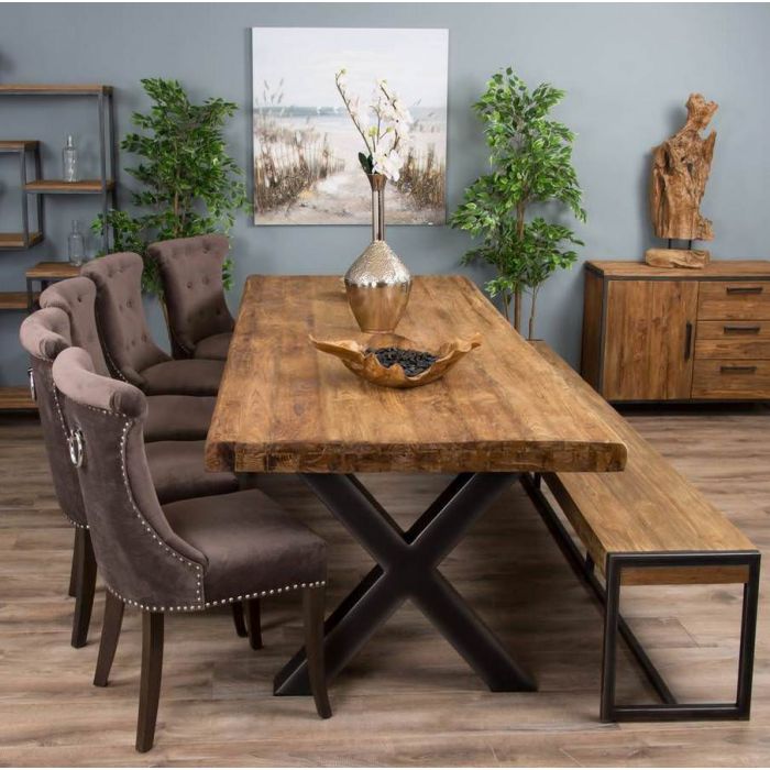 3m Reclaimed Teak Urban Fusion Cross Dining Table with One Backless Bench and 5 Velveteen Ring Back Dining Chairs - 3