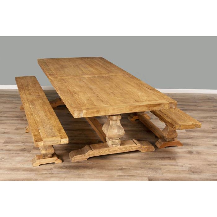 3m Reclaimed Elm Pedestal Dining Table with 2 Benches  - 6