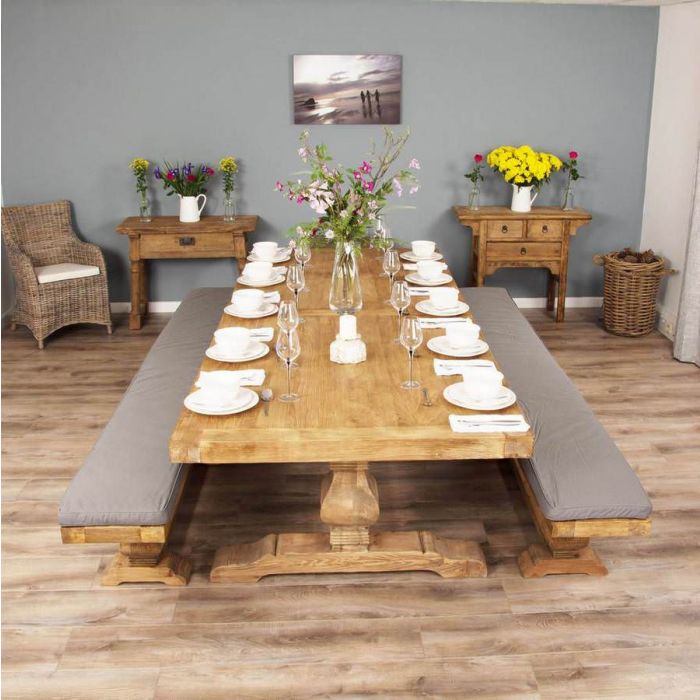 3m Reclaimed Elm Pedestal Dining Table with 2 Benches  - 9