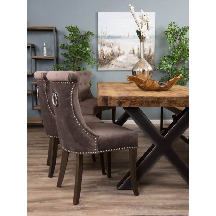 3m Reclaimed Teak Urban Fusion Cross Dining Table with One Backless Bench and 5 Velveteen Ring Back Dining Chairs - 4