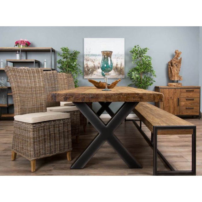 3m Reclaimed Teak Urban Fusion Cross Dining Table with One Backless Bench and 4 Latifa Dining Chairs  - 2
