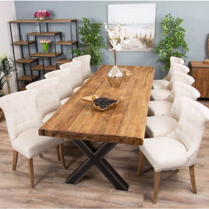 3m Reclaimed Teak Urban Fusion Cross Dining Table with Ten Natural Windsor Ring Back Dining Chairs  - 3