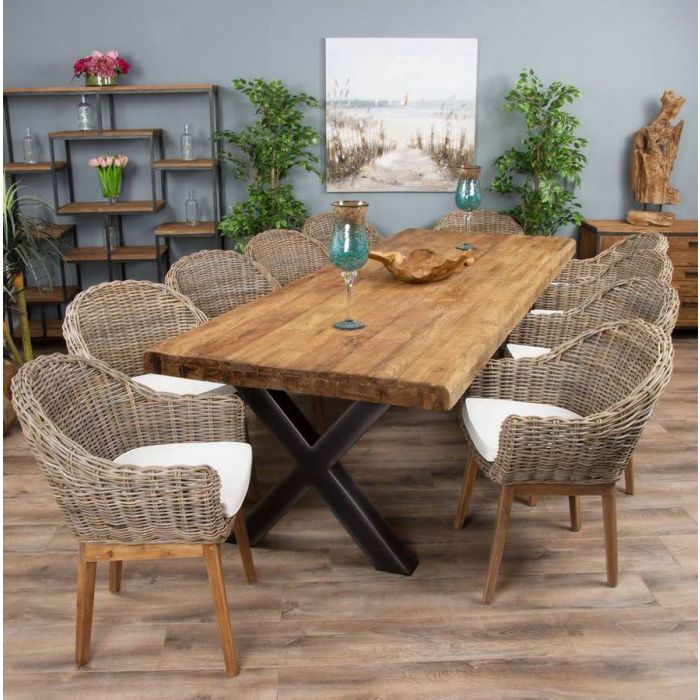 3m Reclaimed Teak Urban Fusion Cross Dining Table with 8 Scandi Armchairs - 12