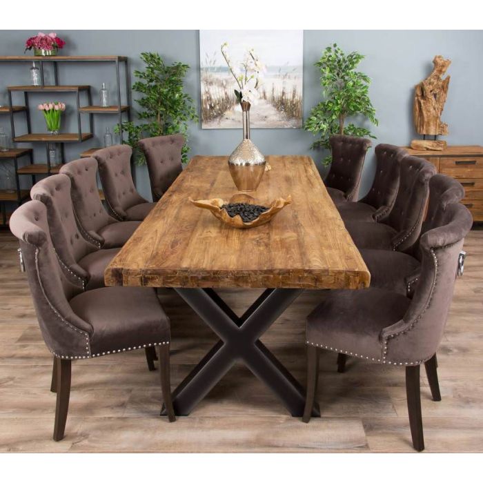 3m Reclaimed Teak Urban Fusion Cross Dining Table with Ten Velveteen Ring Back Dining Chairs  - 6