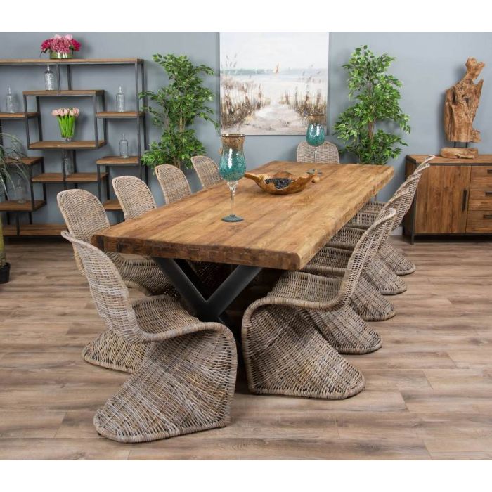 3m Reclaimed Teak Urban Fusion Cross Dining Table with 10 Zorro Dining Chairs - 8