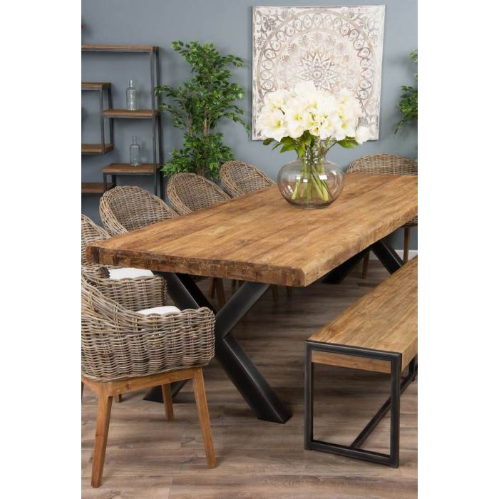 3m Reclaimed Teak Urban Fusion Cross Dining Table with 1 Backless Bench & 4 Scandi Armchairs - 9