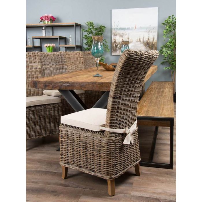 3m Reclaimed Teak Urban Fusion Cross Dining Table with One Backless Bench and 4 Latifa Dining Chairs  - 6