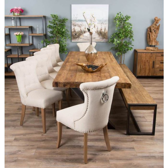 3m Reclaimed Teak Urban Fusion Cross Dining Table with One Backless Bench and 5 Natural Windsor Ring Back Dining Chairs - 8