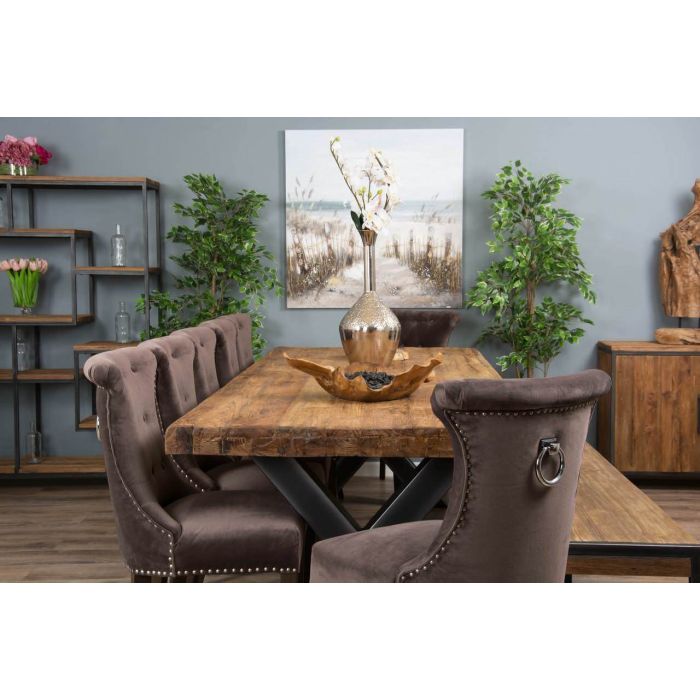 3m Reclaimed Teak Urban Fusion Cross Dining Table with One Backless Bench and 5 Velveteen Ring Back Dining Chairs - 10