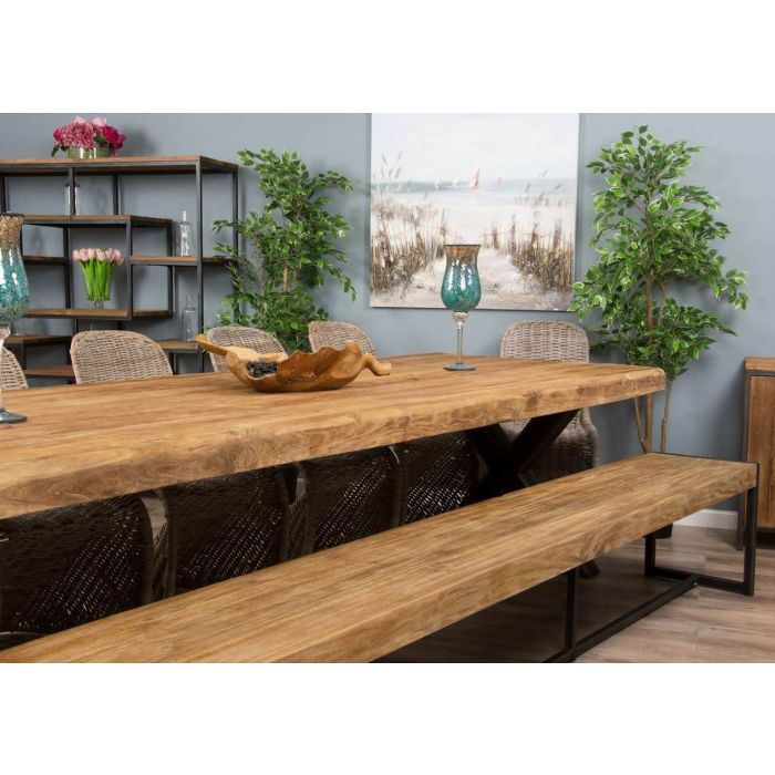 3m Reclaimed Teak Urban Fusion Cross Dining Table with One Backless Bench and 5 Zorro Dining Chairs - 6
