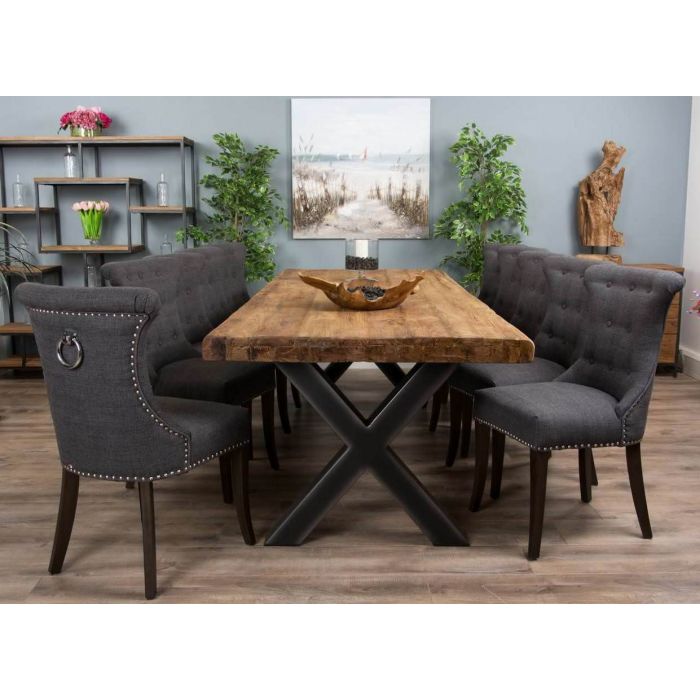 3m Reclaimed Teak Urban Fusion Cross Dining Table with Ten Dove Grey Windsor Ring Back Dining Chairs  - 4