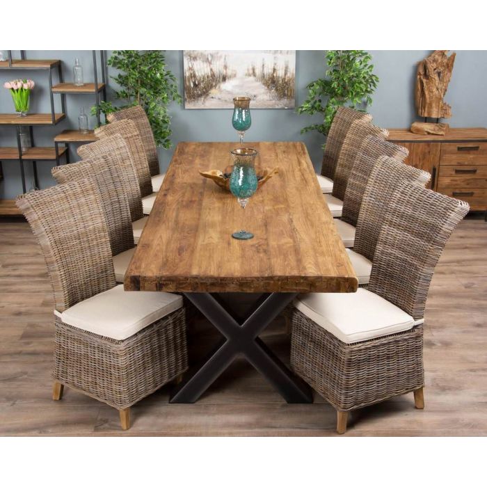 3m Reclaimed Teak Urban Fusion Cross Dining Table with Ten Latifa Dining Chairs  - 4