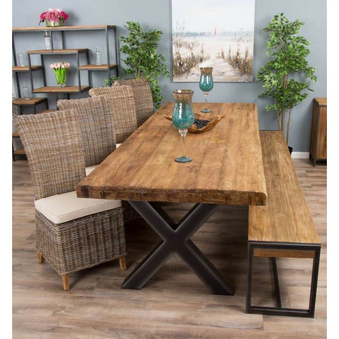3m Reclaimed Teak Urban Fusion Cross Dining Table with One Backless Bench and 4 Latifa Dining Chairs  - 1