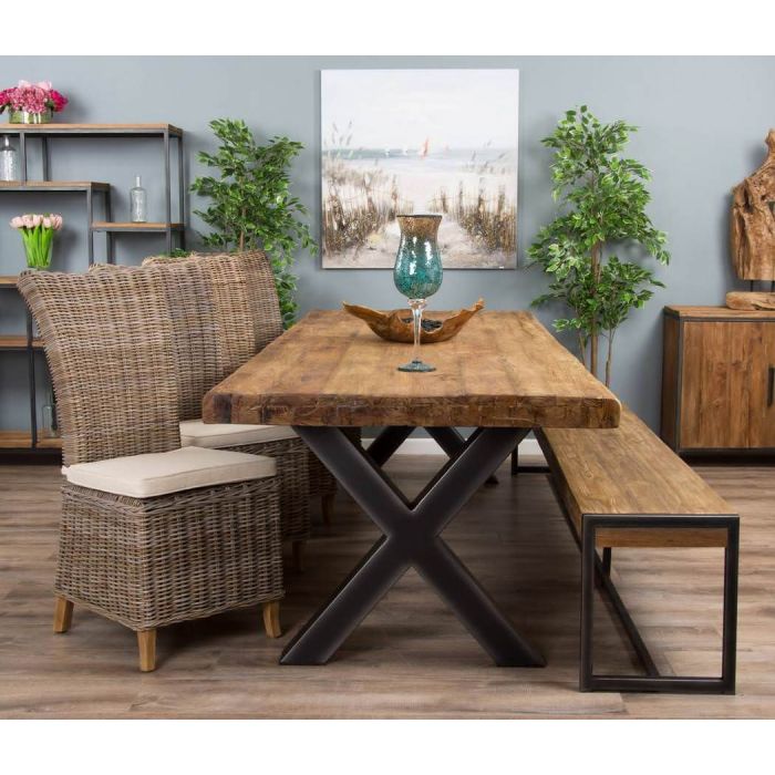 3m Reclaimed Teak Urban Fusion Cross Dining Table with One Backless Bench and 4 Latifa Dining Chairs  - 4