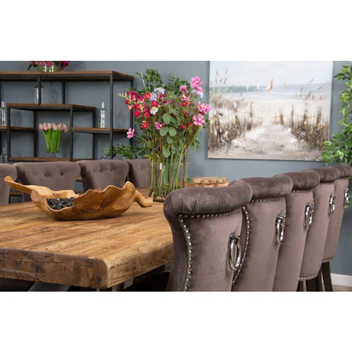 3m Reclaimed Teak Urban Fusion Cross Dining Table with Ten Velveteen Ring Back Dining Chairs  - 2