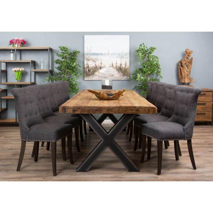 3m Reclaimed Teak Urban Fusion Cross Dining Table with Ten Dove Grey Windsor Ring Back Dining Chairs  - 6
