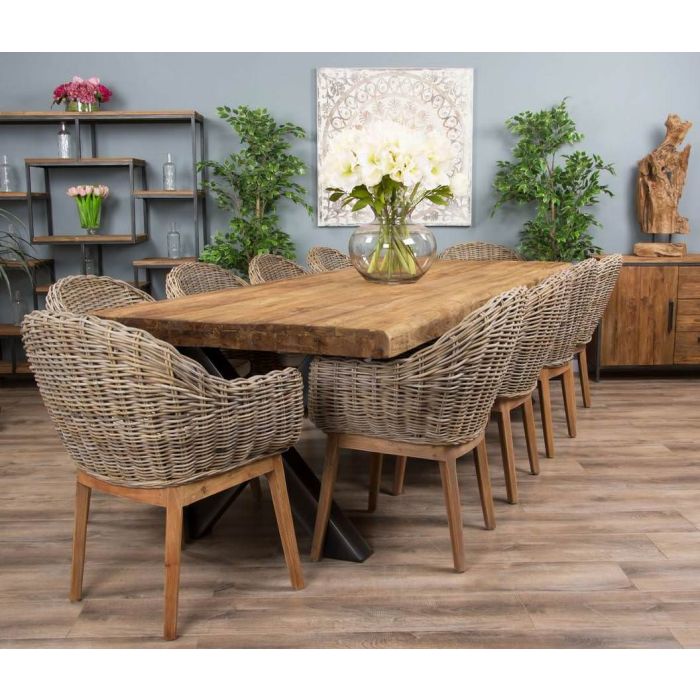 3m Reclaimed Teak Urban Fusion Cross Dining Table with 8 Scandi Armchairs - 15