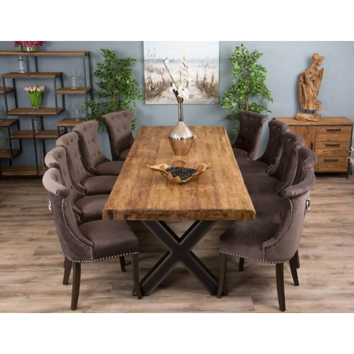 3m Reclaimed Teak Urban Fusion Cross Dining Table with Ten Velveteen Ring Back Dining Chairs  - 7