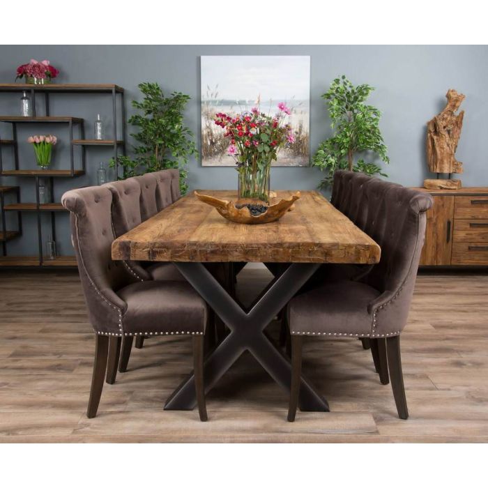 3m Reclaimed Teak Urban Fusion Cross Dining Table with Ten Velveteen Ring Back Dining Chairs  - 3