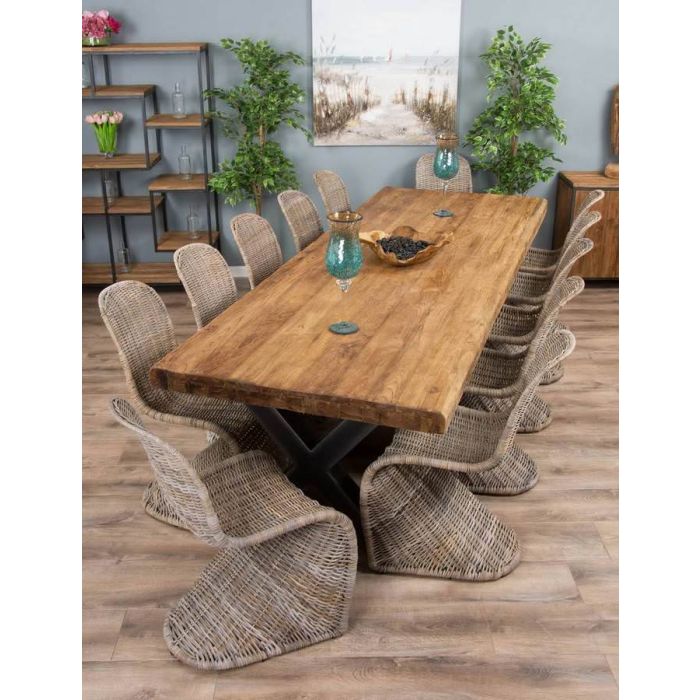 3m Reclaimed Teak Urban Fusion Cross Dining Table with 10 Zorro Dining Chairs - 5