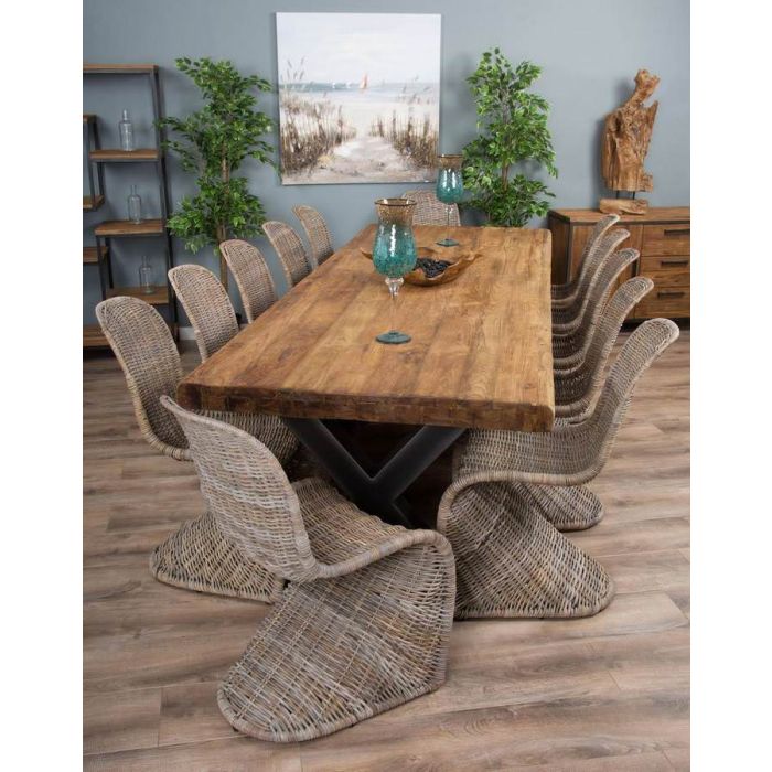 3m Reclaimed Teak Urban Fusion Cross Dining Table with 10 Zorro Dining Chairs - 7