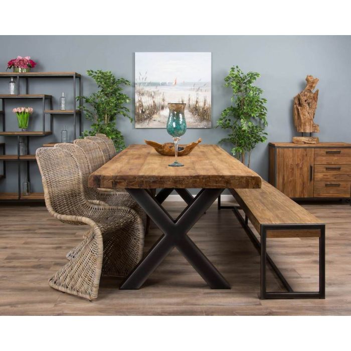 3m Reclaimed Teak Urban Fusion Cross Dining Table with One Backless Bench and 5 Zorro Dining Chairs - 1