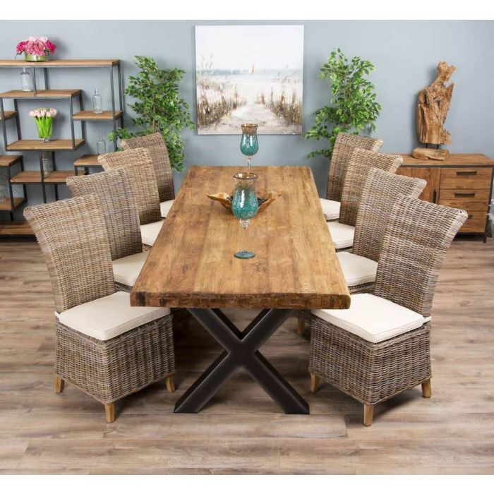 3m Reclaimed Teak Urban Fusion Cross Dining Table with 8 Latifa Dining Chairs  - 4