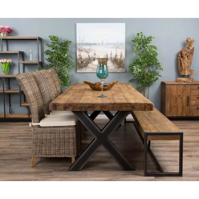 3m Reclaimed Teak Urban Fusion Cross Dining Table with One Backless Bench and 4 Latifa Dining Chairs  - 3