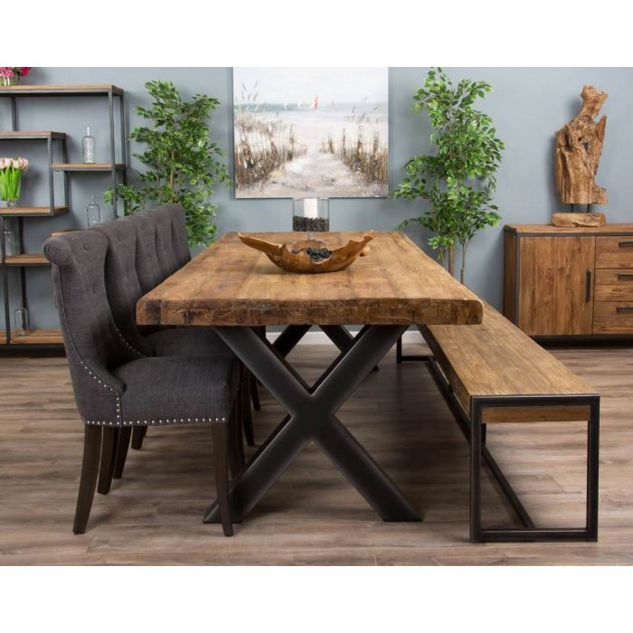 3m Reclaimed Teak Urban Fusion Cross Dining Table with One Backless Bench and 5 Dove Grey Windsor Ring Back Dining Chairs - 1