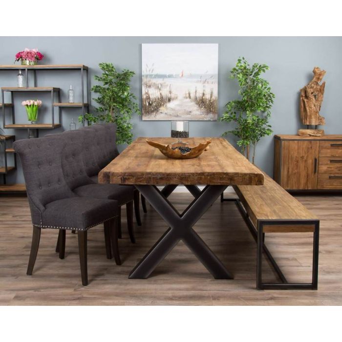 3m Reclaimed Teak Urban Fusion Cross Dining Table with One Backless Bench and 5 Dove Grey Windsor Ring Back Dining Chairs - 5