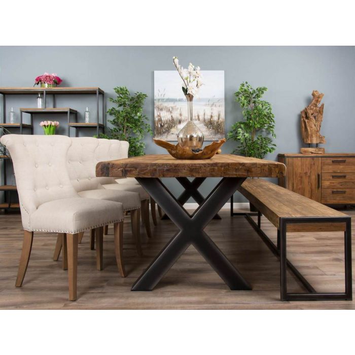 3m Reclaimed Teak Urban Fusion Cross Dining Table with One Backless Bench and 5 Natural Windsor Ring Back Dining Chairs - 3