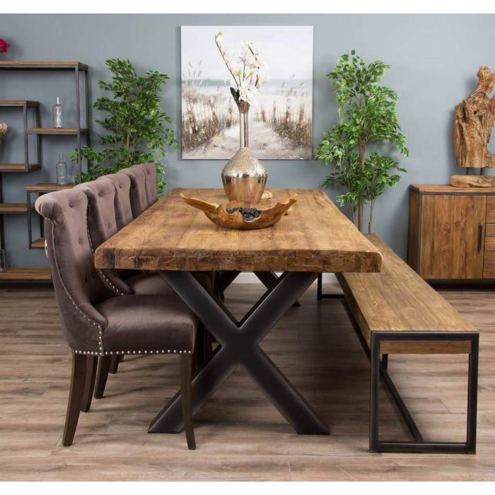 3m Reclaimed Teak Urban Fusion Cross Dining Table with One Backless Bench and 5 Velveteen Ring Back Dining Chairs - 2