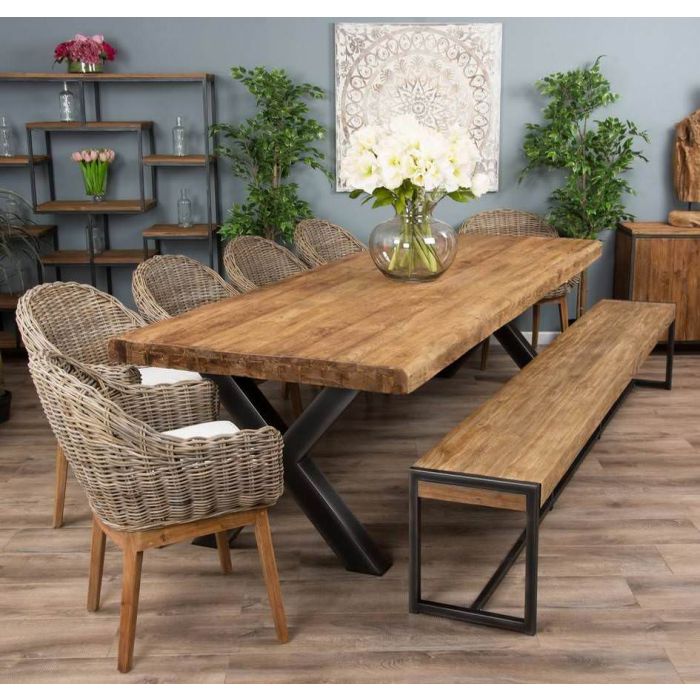 3m Reclaimed Teak Urban Fusion Cross Dining Table with 1 Backless Bench & 4 Scandi Armchairs - 8