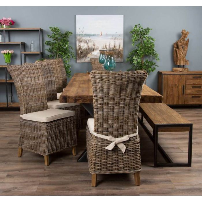 3m Reclaimed Teak Urban Fusion Cross Dining Table with One Backless Bench and 4 Latifa Dining Chairs  - 8