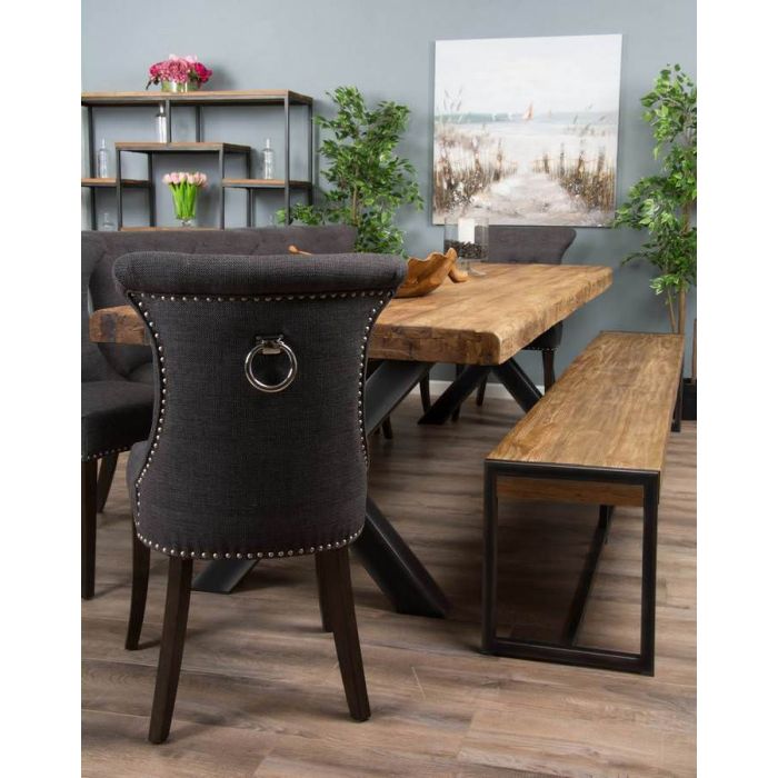 3m Reclaimed Teak Urban Fusion Cross Dining Table with One Backless Bench and 5 Dove Grey Windsor Ring Back Dining Chairs - 7