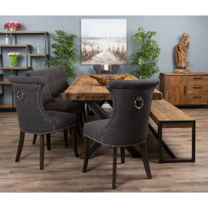 3m Reclaimed Teak Urban Fusion Cross Dining Table with One Backless Bench and 5 Dove Grey Windsor Ring Back Dining Chairs - 8
