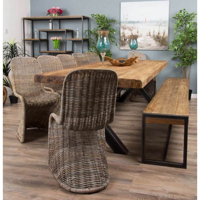 3m Reclaimed Teak Urban Fusion Cross Dining Table with One Backless Bench and 5 Zorro Dining Chairs - 10