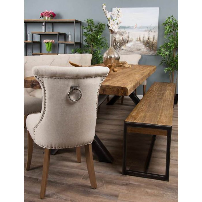 3m Reclaimed Teak Urban Fusion Cross Dining Table with One Backless Bench and 5 Natural Windsor Ring Back Dining Chairs - 5