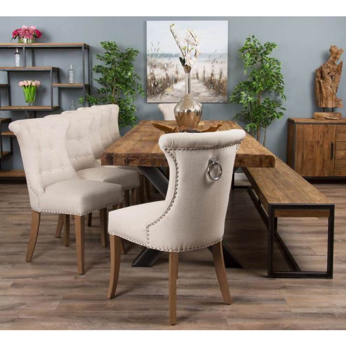 3m Reclaimed Teak Urban Fusion Cross Dining Table with One Backless Bench and 5 Natural Windsor Ring Back Dining Chairs - 7