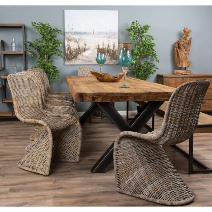 3m Reclaimed Teak Urban Fusion Cross Dining Table with One Backless Bench and 5 Zorro Dining Chairs - 9