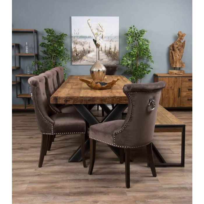 3m Reclaimed Teak Urban Fusion Cross Dining Table with One Backless Bench and 5 Velveteen Ring Back Dining Chairs - 7