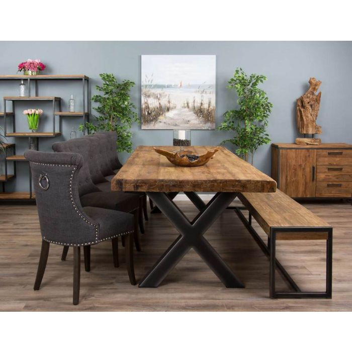 3m Reclaimed Teak Urban Fusion Cross Dining Table with One Backless Bench and 5 Dove Grey Windsor Ring Back Dining Chairs - 3