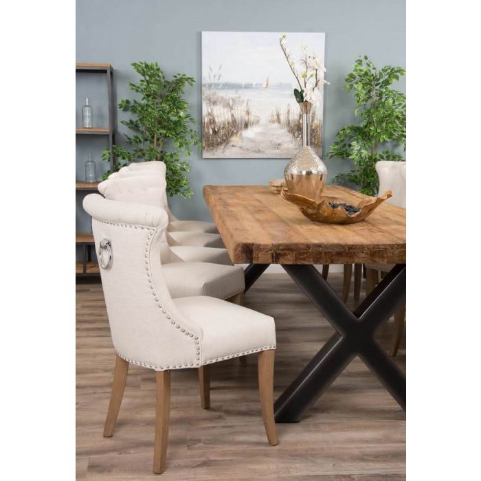 3m Reclaimed Teak Urban Fusion Cross Dining Table with Ten Natural Windsor Ring Back Dining Chairs  - 1